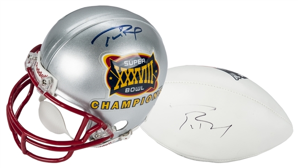 Lot of (2) Tom Brady signed Mini Replica Helmet and Signed Football (Team LOA/Tristar)